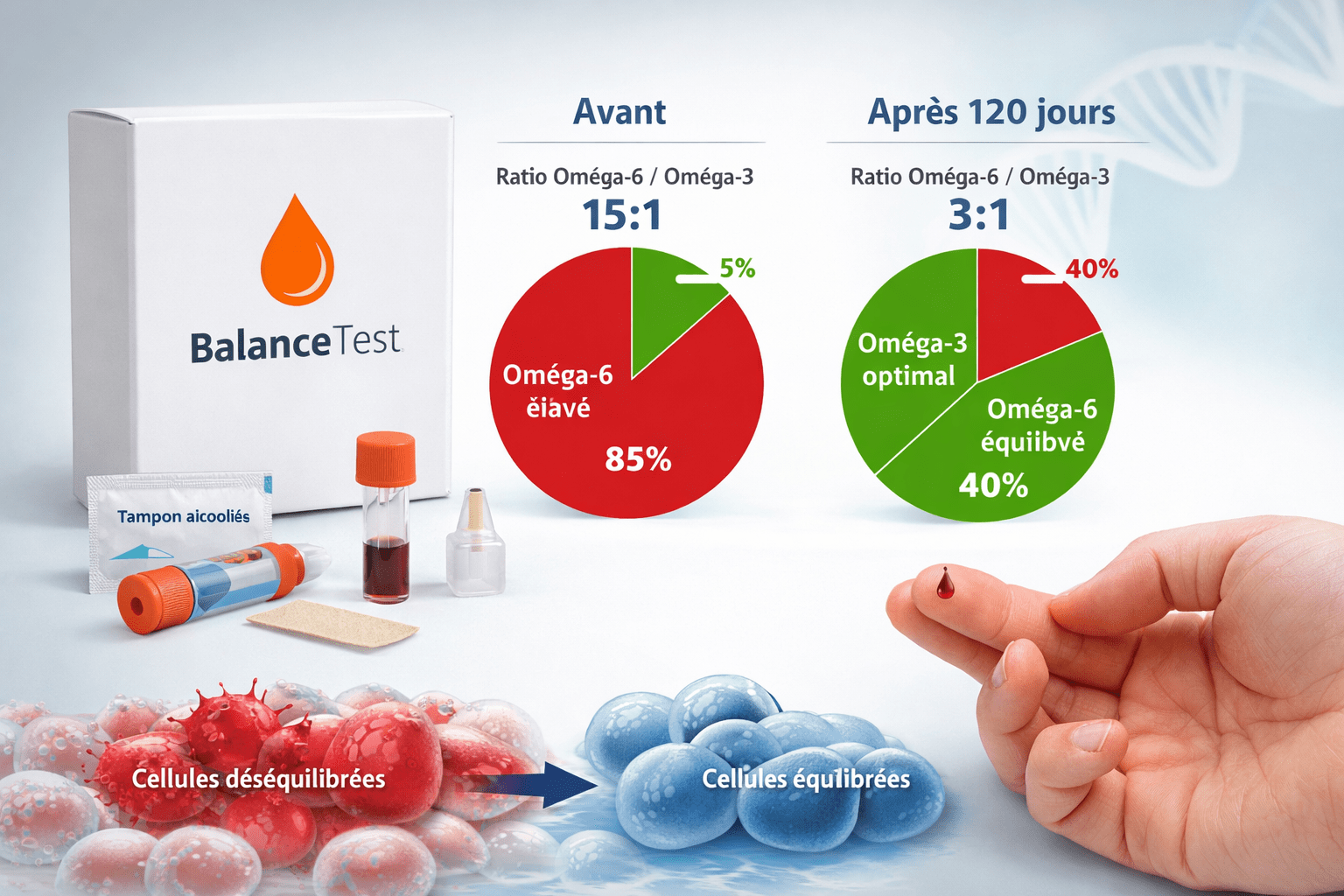test oméga-3 à domicile ratio oméga-6 oméga-3 équilibre cellulaire après 120 jours